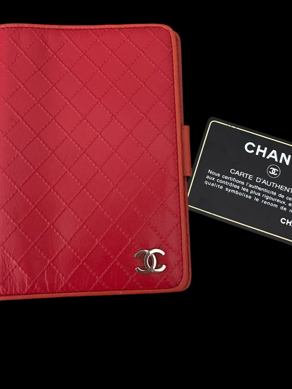 CHANEL Coral Quilted Leather Card Holder with Gold Sticker Detail